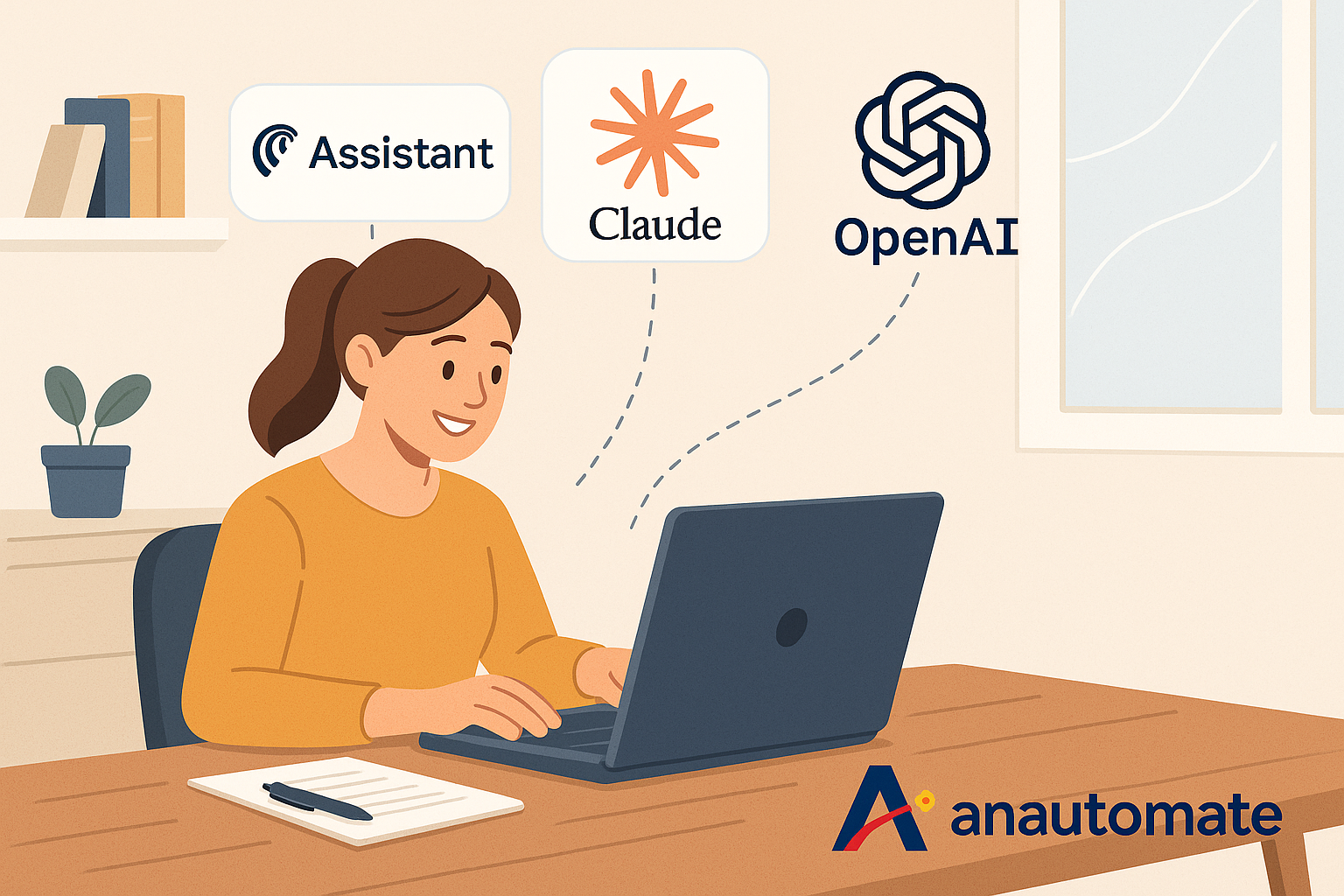 Small business owner at a desk while AI tools assist—featuring logos of Comet, Claude, and Custom GPT, and Anautomate branding