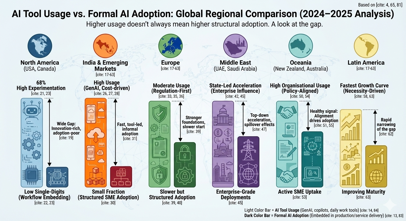 Comparison of AI tool usage versus formal AI adoption among small businesses across global regions
