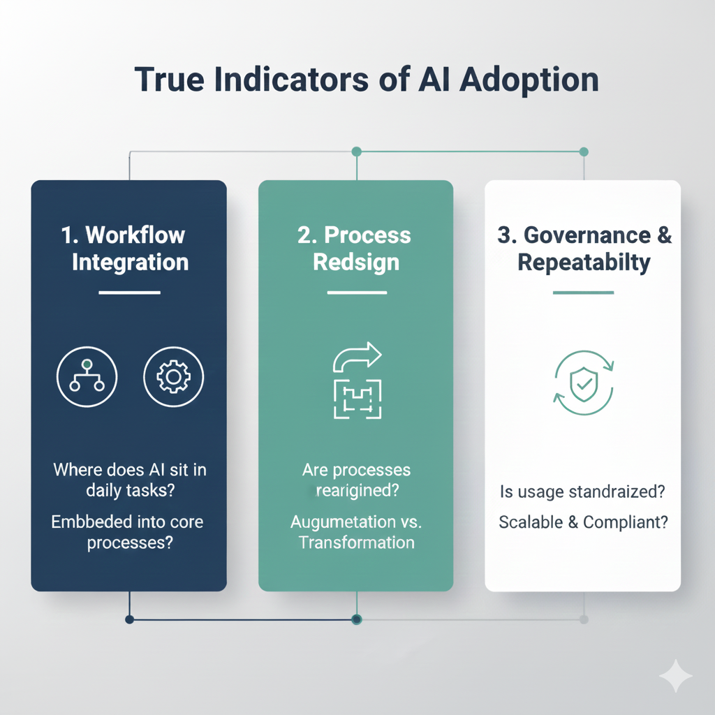 Framework showing true indicators of AI adoption: workflow integration, process redesign, and governance