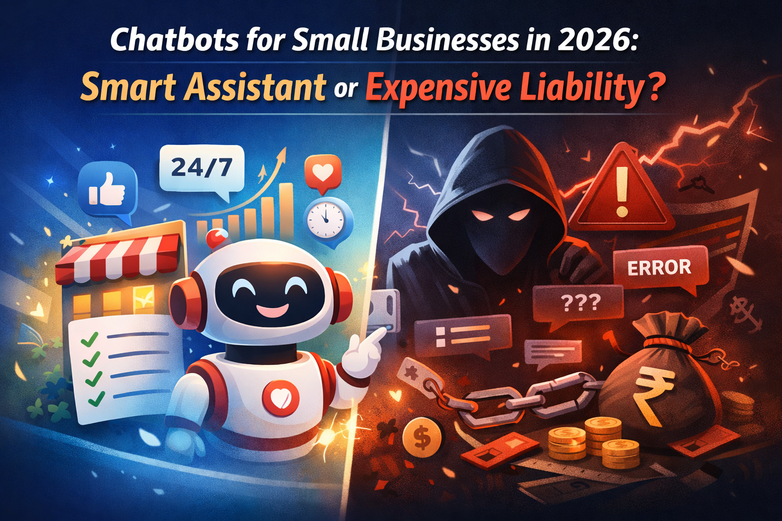 Split-screen illustration showing a friendly chatbot helping a small business on one side and security risks, errors, and financial concerns on the other, representing the promise and liability of chatbots in 2026
