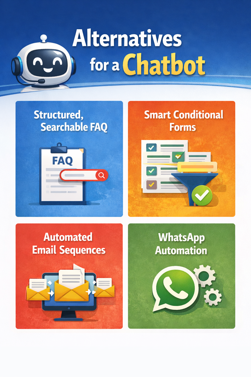 Colorful infographic explaining alternatives to using a website chatbot, including structured searchable FAQs, smart conditional forms, automated email sequences, and WhatsApp automation