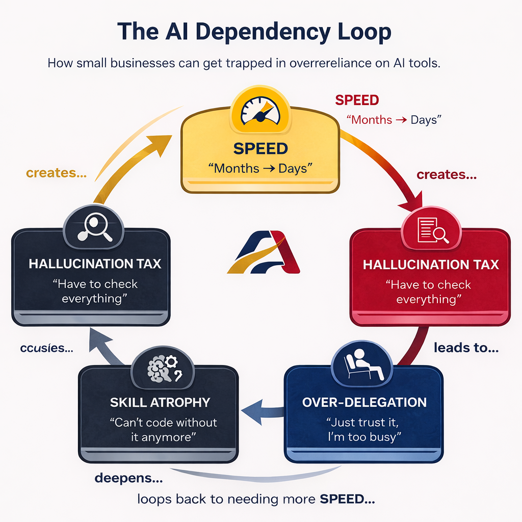 Illustration showing how AI transforms a small business workflow from a traditional model requiring capital, hiring, and months of execution into a simplified model where a single person uses AI tools to build and launch faster with minimal cost and dependencies