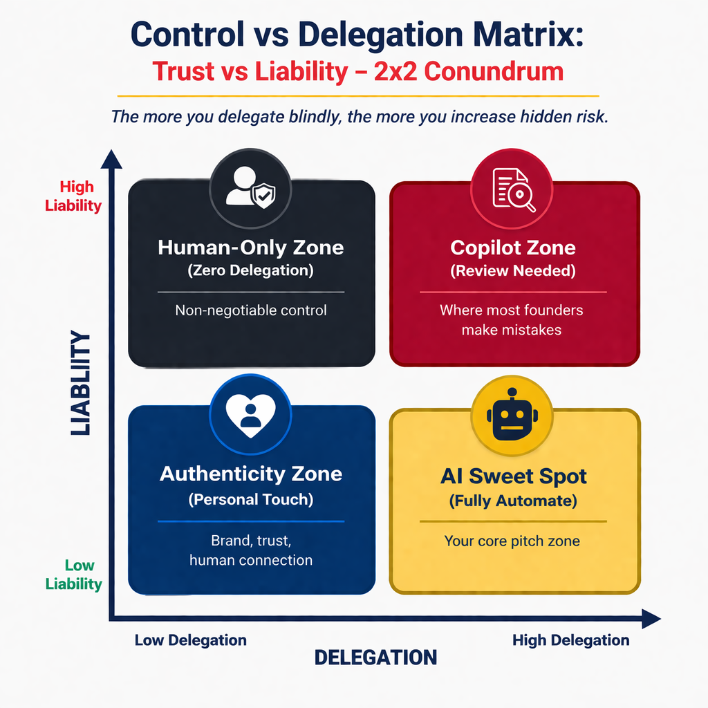 Quadrant chart illustrating which business tasks should be automated with AI versus kept under human control, based on risk level and decision importance, helping small business owners balance efficiency with accountability